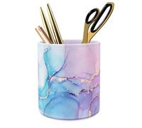 WAVEYU Cute Desk Cup for Pens, Pencil Holder Cup, Makeup Brush Holder Large Pu Leather, Multi-Functional Organizer for School College Office, for Teens Adults Student, Pink Blue Marble
