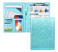 WAVEYU Glitter Portfolio Case for Women, Padfolio Cover for Women, Conference/Resume/Legal Document Organizer with Letter/A4 Size Clipboard Hardboard, Business Card Holders, Blue+Green