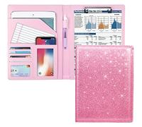 WAVEYU Padfolio Business/Resume Portfolio Folder, Leather Interview Portfolio Business Portfolio Portfolio Organizer with Legal Pad Folder Clipboard,Interview Folder for Men/Women, Glitter Pink