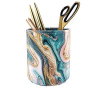 WAVEYU Pen Holder for Women Girls, Pencil Cup Marble Desk Decor, Makeup Brush Holder Large Pu Leather Multi-Functional Organizer Cup for Office, Classroom, Home, Green+Gold