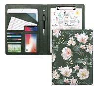 WAVEYU Portfolio Folder for Women Padfolio for Girls Conference CV Legal Document Organizer with A4 Clipboard Business Card Holder Green Flower