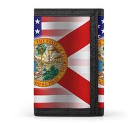 Waving U.S.A and Florida State Flag Trifold Men's Wallets with 8 Card Slots & Key Hook Slim Travel Purse Money Clip