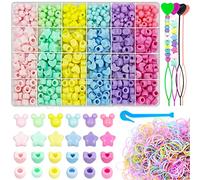 Wavlakth 1510 Pcs Candy Color Hair Beads for Girls Braids Kit with Elastic Rubber Band Threaders, Acrylic Star Heart Mickey Bead Mouse Head Pastel Cute Kandi Beads for Hair Bracelets Jewelry Making