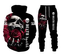 WAVOTIQ Men's Skull Print Tracksuit 2 Piece Set Gothic Skull 3D Printed Hoodie Joggers Set Punk Casual Hooded Sportswear Set