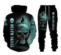 WAVOTIQ Men's Skull Print Tracksuit 2 Piece Set Gothic Skull 3D Printed Hoodie Joggers Set Punk Casual Hooded Sportswear Set