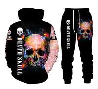 WAVOTIQ Men's Skull Print Tracksuit 2 Piece Set Gothic Skull 3D Printed Hoodie Joggers Set Punk Casual Hooded Sportswear Set