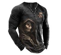 WAVOTIQ Men's Vintage Skull Graphic Distressed Henley Shirt Fashion Casual Tops Gothic V-Neck T Shirts Black, L