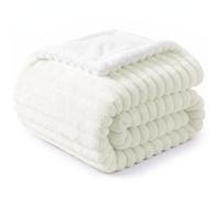 WAVVE Throw Blanket Cream Single 130x150 cm | Reversible Sherpa Fleece, Striped Thick Cosy Warm Fluffy Microfiber for Sofa & Bed