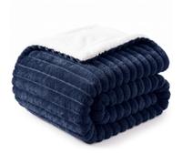 WAVVE Throw Blanket Navy King 230x270 cm | Reversible Sherpa Fleece, Striped Thick Cosy Warm Fluffy Microfiber for Sofa & Bed