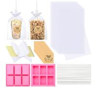 Wavwavw 100 Pcs Clear Rice Krispy Treat Bags with White Sticks Ribbon Stickers 2 Pcs Silicone Crispy Cereal Bar Mold for Rice Krispie Treats Gift Giving Bag Chocolate Dessert Party Packaging Supplies