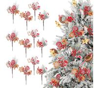 Wavwavw 12 Pcs Flocked Gingerbread Christmas Pine Picks Gingerbread Christmas Decorations Artificial Berries Sprays Branches Snowy Pine Candy Cane Picks for Xmas Tree Wreath Garland Craft Decor