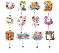 Wavwavw 12 Pcs Summer Halloween Badge Reel Retractable Beach Ghost Skeleton ID Badge Holder with Alligator Clip Cute Spooky Name Tag Holder for Summer Party Nurse Doctor Office Gift