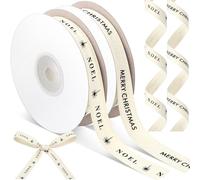 Wavwavw 20 Yards Merry Christmas Noel Ribbon, Natural 5/8 Inch 100% Cotton Herringbone Twill Fabric Ribbon Xmas Decorations for Crafts Holiday Party Gifts Wrapping, 2 Rolls