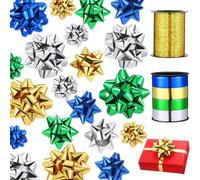 Wavwavw 36 Pcs Gift Bows Assortment with 2 Crimped Ribbons, Multi Colored Assorted Size Present Bows for Weddings, Holiday (Royal Blue, Gold, Green, Silver)