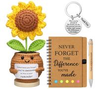 Wavwavw 4 Pcs Thank You Gifts Handmade Crochet Ornament Inspirational Notebooks with Sticky Notepad Pen and Employee Appreciation Keychain for Coworker Friend Teacher Women(Sunflower)