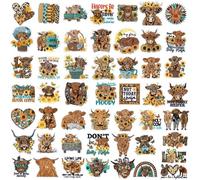 Wavwavw 50 Pcs Summer Sunflower & Highland Cow Iron on Patches Embroidered Patches Applique Western Cow Sew Iron on for Clothes Hats Backpacks Jackets Accessories