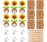 Wavwavw 6 Set Employee Appreciation Gifts Bulk for Coworker Staff, Positive Sunflower Doll Crochet with Card Inspirational Journals with Retractable Bamboo Pens Thank You Keychains for Women Men