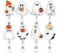 Wavwavw 8 Pcs Halloween Glow in The Dark Ghost Badge Reel Retractable Ghost ID Badge Holder with Alligator Clip Horror Spooky Luminous Name Tag Holder for Nurse Doctor Office Gift