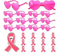 Wavwavw Pink Ribbon Breast Cancer Awareness Sunglasses and Pink Ribbon Lapel Pins Set, Breast Cancer Awareness Accessories Heart Glasses Gifts for Woman, about 2.36 inches/ 6 cm, PC material, no