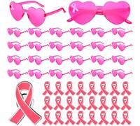 Wavwavw Pink Ribbon Breast Cancer Awareness Sunglasses and Pink Ribbon Lapel Pins Set, Breast Cancer Awareness Accessories Heart Glasses Gifts for Woman, about 2.36 inches/ 6 cm, PC material, no