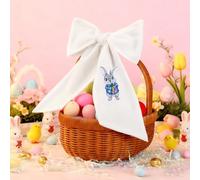 Wavwavw Seersucker Easter Basket Bow Stripe Bunny Baskets Bow with Embroidery Rabbit Large Pastel Gift Bows for Easter Party (White,Cute)