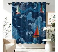 Wavy Stripes Cartoon Sailboat Blackout Curtains 46 × 90 Inch, Minimalist Eyelet Curtains 2 Panels, Thermal Insulated & Noise Reducing Room Darkening for Kids Room Active Boys