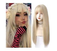Wavy Wigs Long Straight Hair Wig for Women White Gold Synthetic Hair Wig with Bangs Smooth Straight Natural Party Cosplay Wig for Girl Women's Wigs