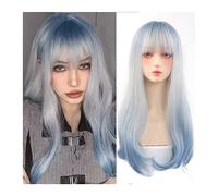 Wavy Wigs Silver White Wigs with Bangs Long Natural Wavy Synthetic Wigs for Women Blue Roots Ombre Silver White Heat Resistant Fiber Wigs for Daily Cosplay Women's Wigs