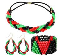 Wavyknot 3 Pcs Juneteenth Jewelry Set for Women African Outfit Jamaica Bead Headband Earrings Accessories Elastic Rasta Beaded Bracelets Red Balck Green for Black History Month African Americans Women