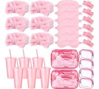 Wavyknot 30 Pcs Pink Spa Party Favors for Women Sleepover Party Supplies 6 Pink Bow Hairbands 6 Eye Masks 6 Hair Clips 6 Clear Cosmetic Bags 6 Glitter Cups for Spa Birthday Bachelorette Slumber Gifts