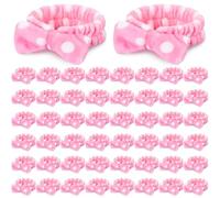 Wavyknot 50 Pcs Pink Spa Headband Bulk for Washing Face with Removable Bow Makeup Elastic Bowknot Headbands for Women Bridesmaid Proposal Gifts Soft Fleece Skincare Microfiber Hairbands(Dots Style)