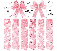 Wavyknot 6 Rolls 30 Yards Pink Halloween Wired Edge Ribbon White Ghost Bat Patterned Ribbon Cute Ghost Printed Burlap Halloween Wrapping Crafts Gift for Party Decoration Wreath Floral Bows Making