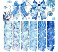 Wavyknot 6 Rolls 30 Yards Summer Starfish Ribbons Wired for Wreath Bows Wrapping Gifts, Beach Sea Waves Ribbon for Gift Wrapping Birthday Party Decoration DIY Crafts Blue Wave Wired Edge Ribbon