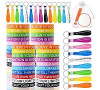 Wavyknot 90 Pcs Back to School Motivational Quote Bracelets and Keychain Bulk Inspirational Rubber Wristband Stretch Silicone Band Colored Keychain Organza Bag Gift for Women Student Teacher Employee