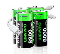 WAVYPO Rechargeable Lithium D Batteries, 8800mWh High Capacity D Cell Batteries with 2 in 1 USB-C Charging Cable, D Size Cell Battery Replacement for Floodlight Toys (4 Pack)