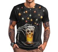 Wawiawu Skull T Shirts for Men,Christmas Skull Beer,Spooky Casual Short Sleeve Graphic Tee Holiday Clothes | for Christmas beer-11 L