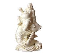WAWPU Statues,Ivory fruit carving laughing buddha sitting on the fish statue,Lucky buddha statue Figurine home decor,Feng shui buddha sculpture office shelf decor