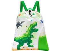 WAWSAM Dinosaur Kids Drawstring Bag - Waterproof Draw String Bag Gym Bag for Boys Portable Lightweight Backpack Sport School Beach Travel Swim Sackpack with Zipper Pocket Water Bottle Pocket
