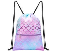 WAWSAM Kids Drawstring Bags, Mermaid Drawstring Gym Bag for Girls, Waterproof Draw String Bag Gym Sports Bags with Zippered Pocket, Swimming Bags for Kids for Swim Personalised Drawstring Bag