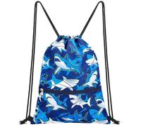 WAWSAM Kids Drawstring Gym Bag with Zippered Pocket String Backpack | Shark Swim Bag Waterproof School Gym PE Bags for Boys Swimming Travel Beach Shopping Sports