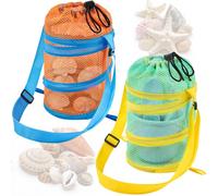 WAWSAM Kids Mesh Beach Bag Set, 2 PCS Sea Shell Bag for Beach, Kids Beach Essentials Shell Collecting Bag for Boys Girls Beach must Haves for Kids with Adjustable Straps (Green + Orange)