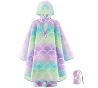 WAWSAM Kids Poncho Waterproof - Mermaid Rain Poncho for Girls - Lightweight Hooded Raincoat with Storage Bag - Portable Rainwear for School & Travel