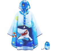 WAWSAM Kids Poncho Waterproof - Shark Rain Poncho for Boys - Lightweight Hooded Raincoat with Storage Bag - Portable Rainwear for School & Travel