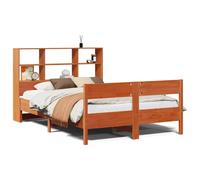 Brown Solid Pinewood Bookcase Bed Frame 140x190cm with Slats Storage Shelves