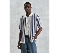 Wax London Mens Blue Ecru Stripe Crochet Porto Shirt