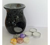 Wax melt and wax melt/oil crackle effect iredesent burner gift set or starter pack, small and large burners. (Black, Large)