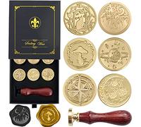 Wax Seal Stamp Hot Stamping Gift Box Set, 6 Pcs Sealing Wax Stamps Copper Seals 1 Wooden Hilt, Wax Stamp Kit for Cards Envelopes, Gift Packaging (Vast Universe Series)