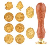Wax Seal Stamp Set, 10pcs Sealing Wax Stamp Heads with a Wooden Handle Sealing Wax Stamp Kit with Various Patterns for Letter Encapsulation Greeting Cards Presents Decoration Items(Gold)