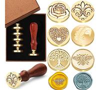 Wax Seal Stamp Set, 6 Pieces Sealing Wax Stamps Copper Seals 1 Wooden Handle, Wax Stamp Kit for Cards Envelopes, Invitations, Wine Packages (Classic nostalgia)