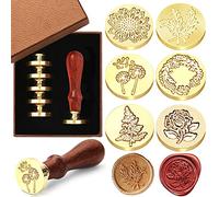 Wax Seal Stamp Set - 6 Pieces Copper Seals with Wooden Handle for Cards, Envelopes, Invitations, Wine Packages (Plant)